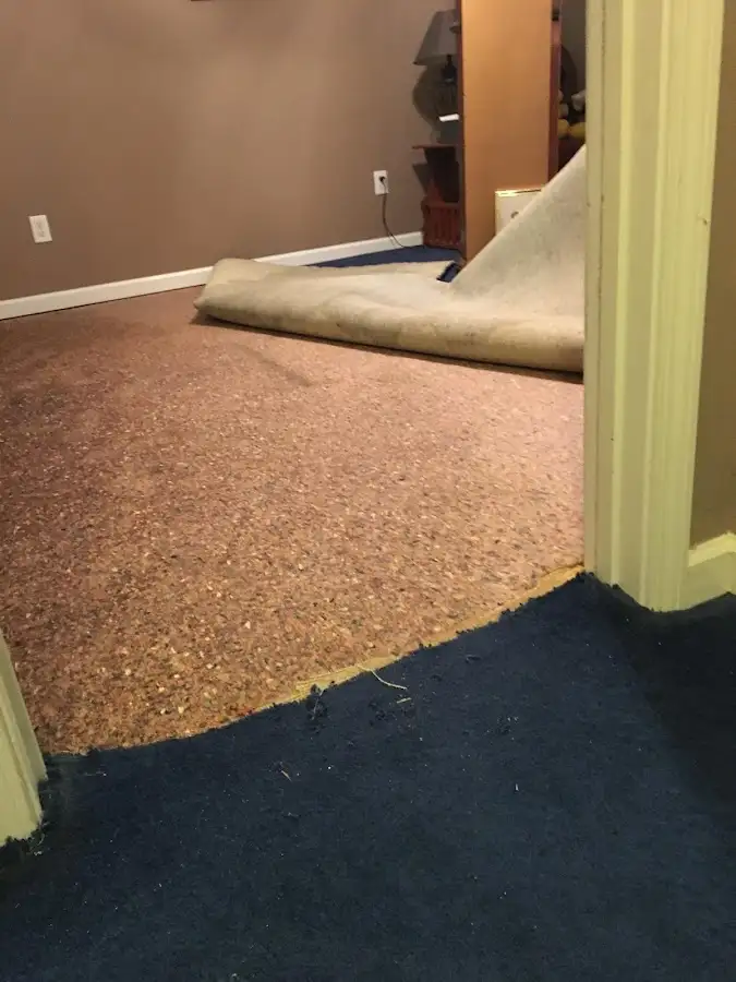 Carpet pad removal revealing water damage during Water Mitigation Services in Lebanon